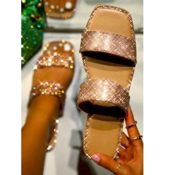 !! NEW !! Embellished Double Strap Square Toe Sandals in Rose Gold - Picture 12 of 12